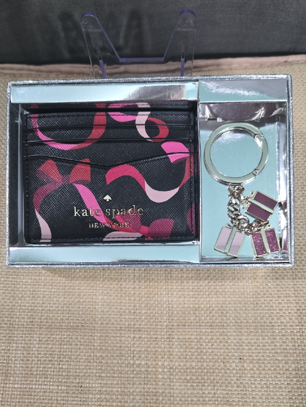 kate spade Black Card Holder  Ribbon Motif & Silver and Gold Key Ring